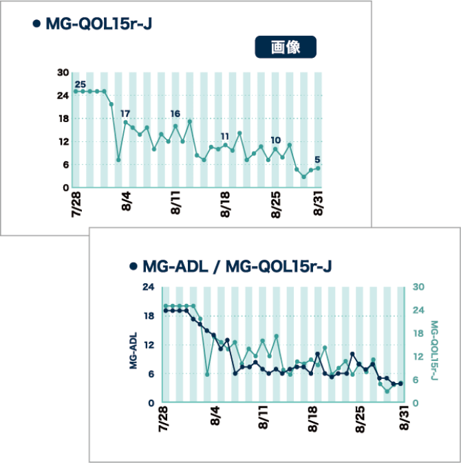 「MG-QOL15ｒ-J」「重ねて表示」をタップして、MG-ADLスコア表示から切り替えることができます。