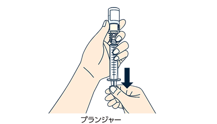 バイアルを上に注射筒を下にし、プランジャーをゆっくり下に引き、薬液の全量を注射筒に移します。