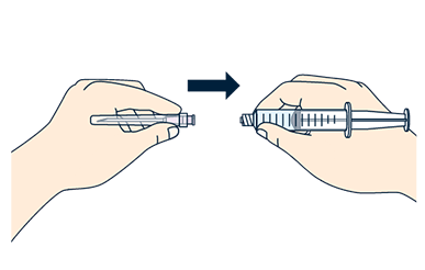 注射筒内に異物がないことを確認後、注射針を注射筒の先端に取りつけます。
