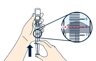 プランジャー上部のゴム製リングの端が、6.0mL（注射筒の目盛り）程度になるまでプランジャーを押し進めます。
